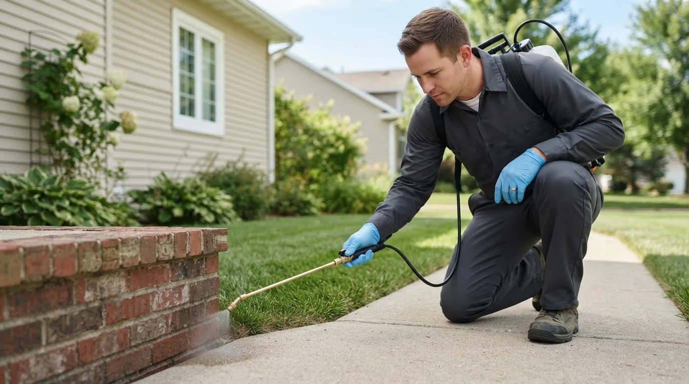 Pest control technician treating a home near Salem, OR